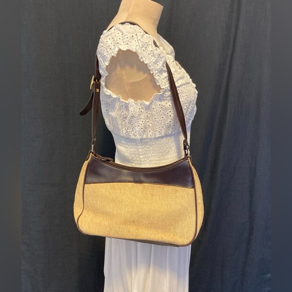 Etienne Aigner Handbags - Etienne Aigner Woven Jute Baguette Shoulder Bag with Faux Leather Strap